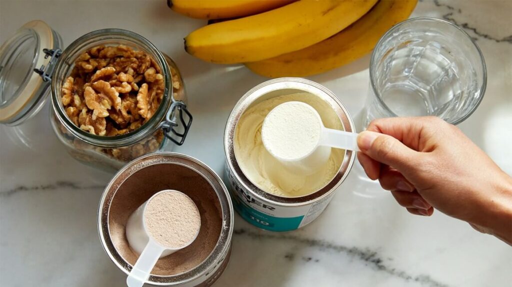 A variety of protein powder containers